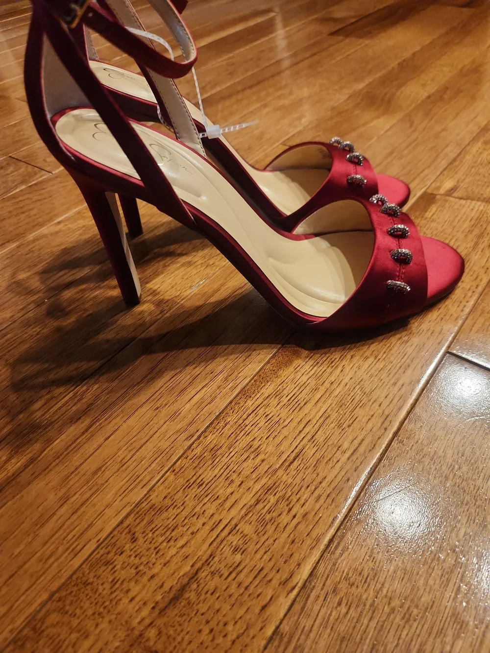 Jessica Simpson Red Satin Rhinestone Stiletto Sandals Size 9M
